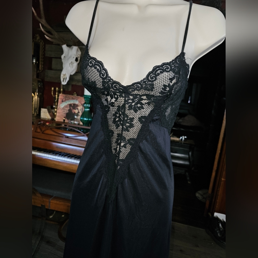 Vintage long black sheer and lace cami nighty nightgown teddy chemise